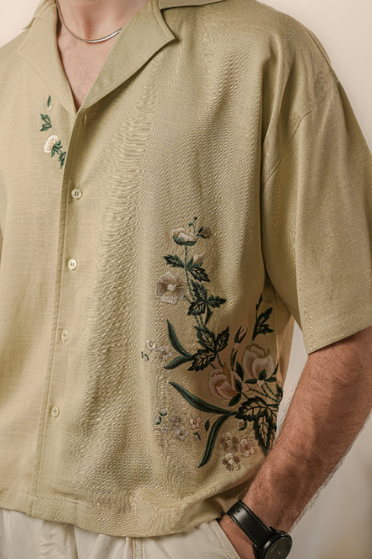 Hand Embroidered Resort Shirt – Pistachio khaki