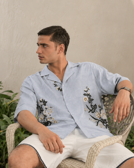 Hand Embroidered Resort Shirt – Ice Blue