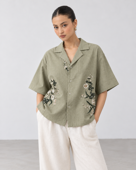 Hand Embroidered Resort Shirt – Sage green