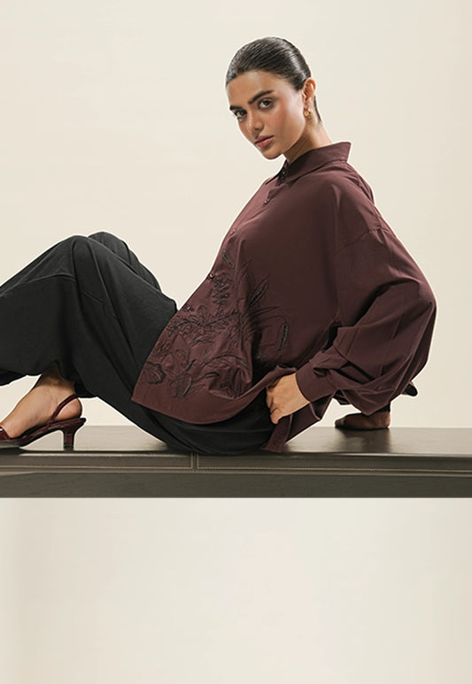 Hand Embroidered Scenic Shirt – Burgundy