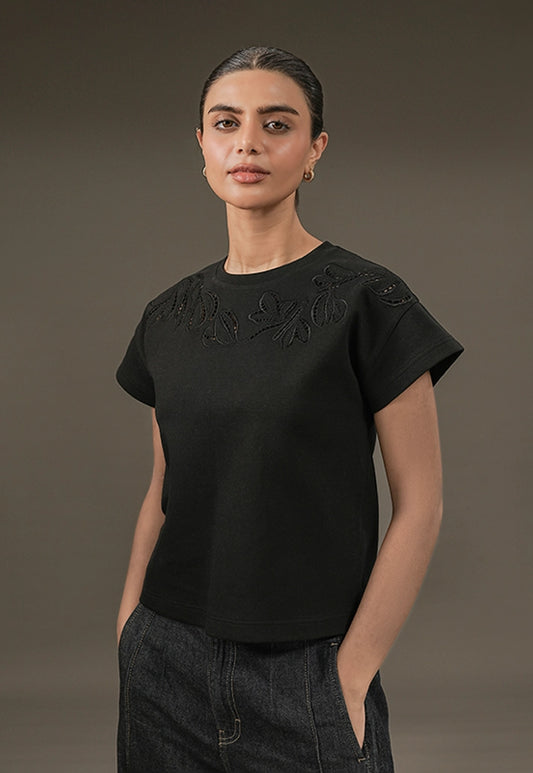 Botanical Cutwork Top – Black