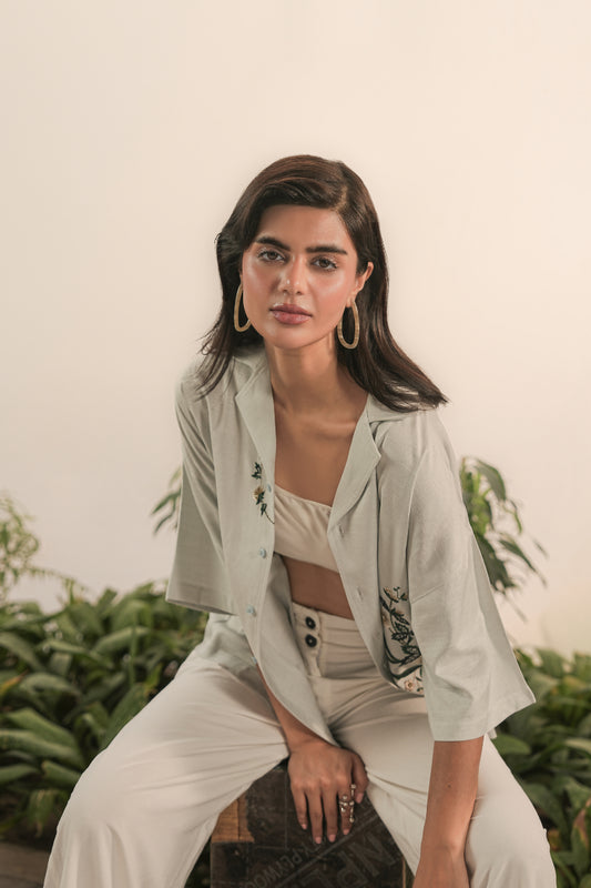 Hand Embroidered Resort Shirt – Ice blue