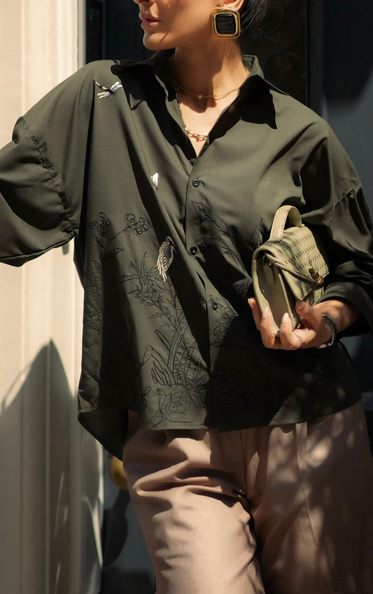 Hand Embroidered Scenic Shirt – Olive Green