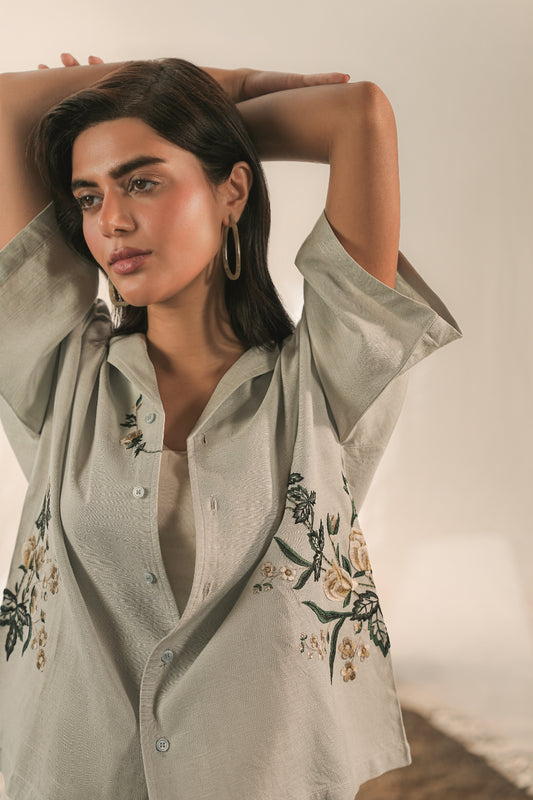 Hand Embroidered Resort Shirt – Ice blue