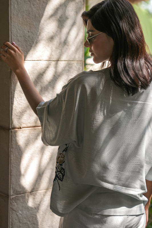 Hand Embroidered Resort Shirt – Ice blue