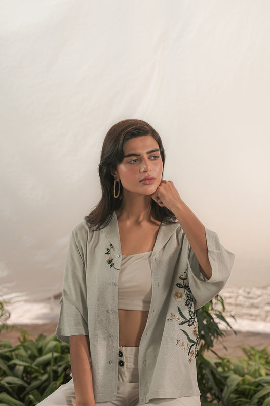 Hand Embroidered Resort Shirt – Ice blue