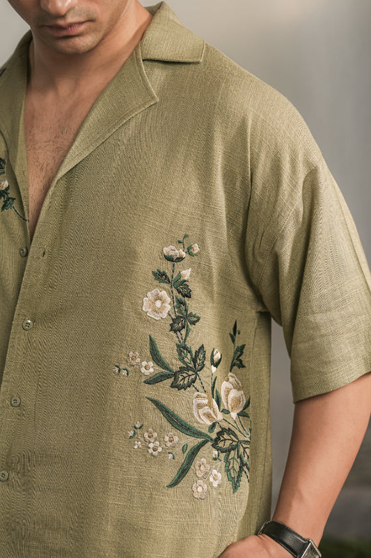 Hand Embroidered Resort Shirt – Sage Green