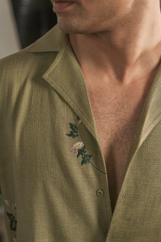 Hand Embroidered Resort Shirt – Sage Green