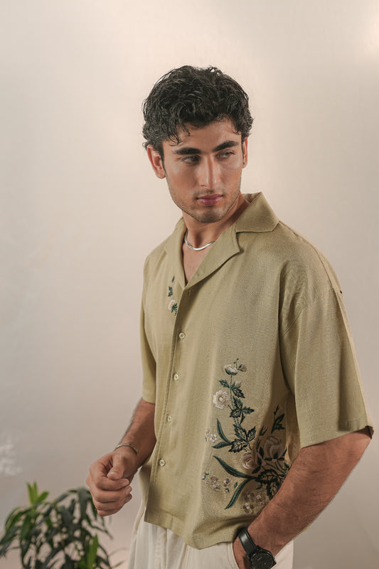 Hand Embroidered Resort Shirt – Pistachio khaki