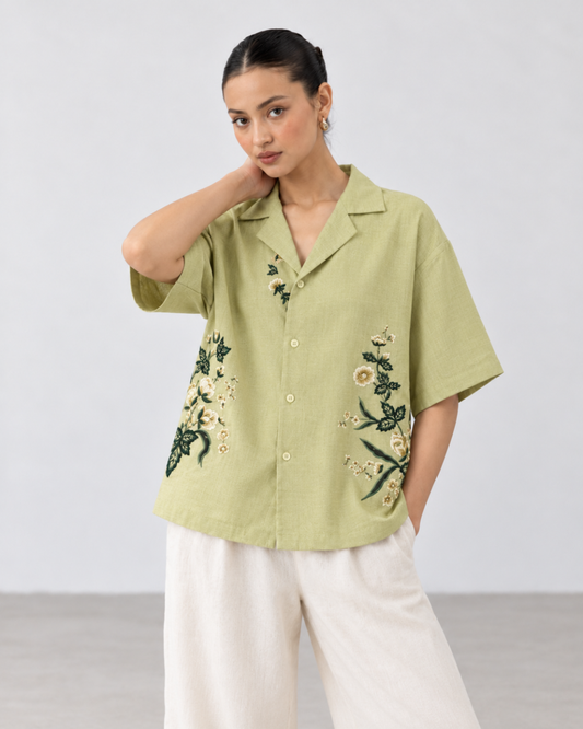 Hand Embroidered Resort Shirt – Pistachio khaki