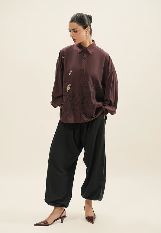 Hand Embroidered Scenic Shirt – Burgundy