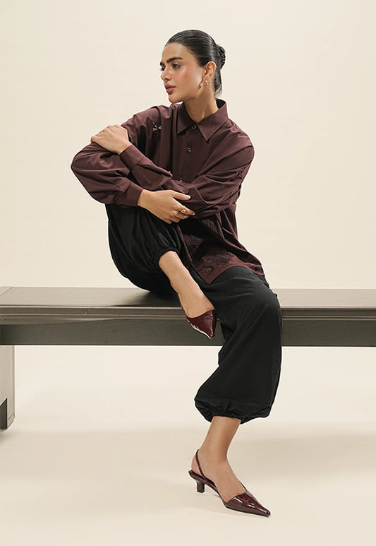 Hand Embroidered Scenic Shirt – Burgundy