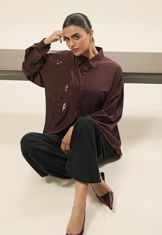 Hand Embroidered Scenic Shirt – Burgundy