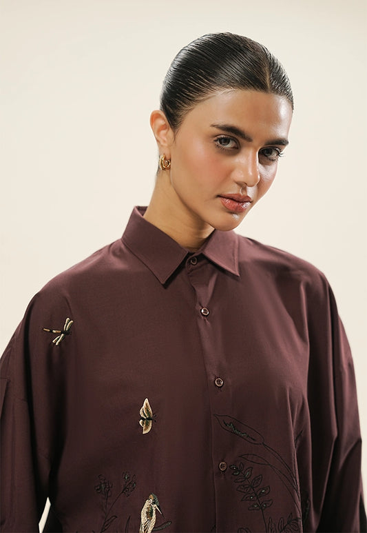 Hand Embroidered Scenic Shirt – Burgundy