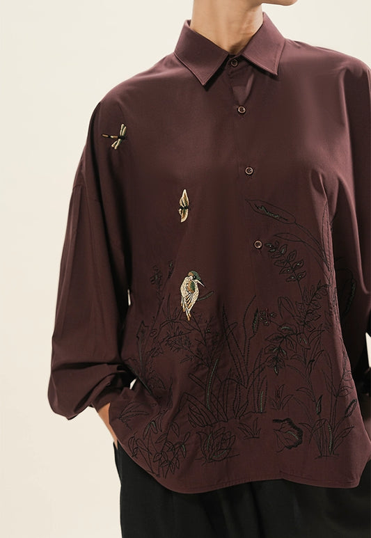 Hand Embroidered Scenic Shirt – Burgundy