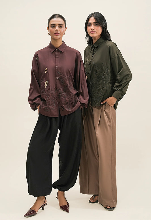 Hand Embroidered Scenic Shirt – Burgundy