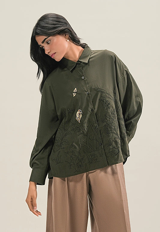 Hand Embroidered Scenic Shirt – Olive Green