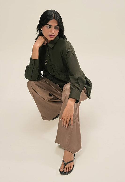 Hand Embroidered Scenic Shirt – Olive Green