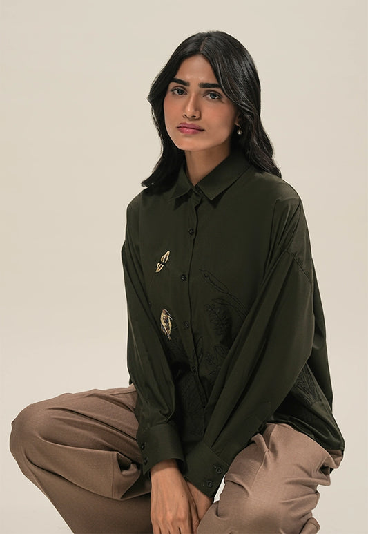Hand Embroidered Scenic Shirt – Olive Green