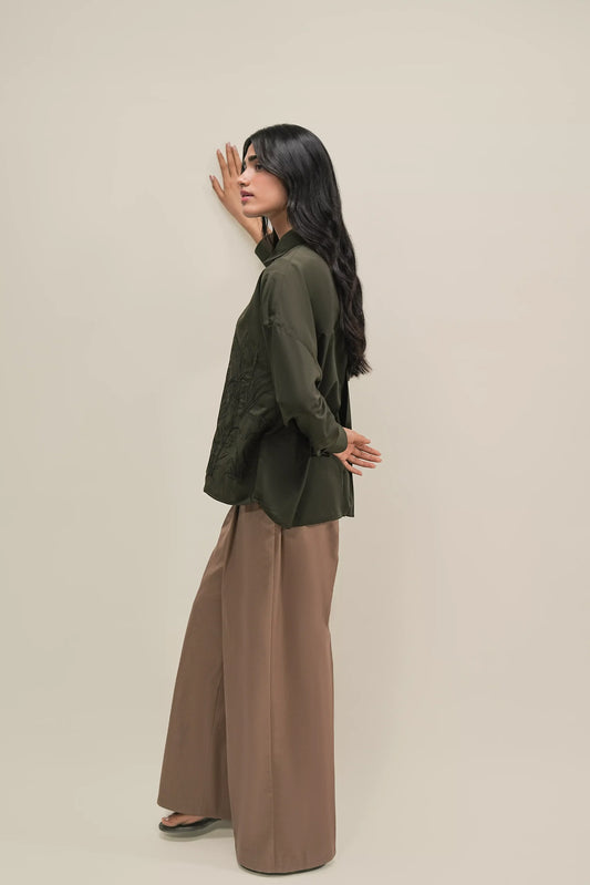 Hand Embroidered Scenic Shirt – Olive Green