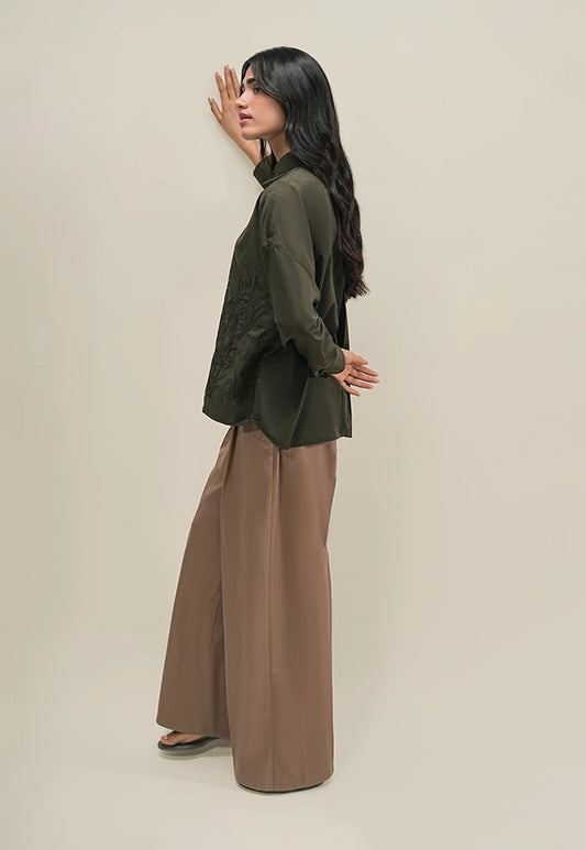 Hand Embroidered Scenic Shirt – Olive Green