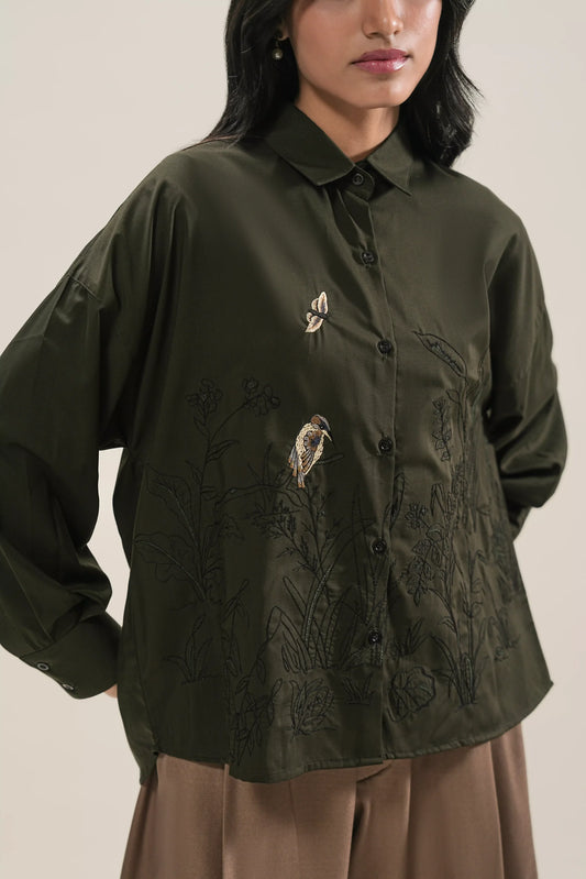 Hand Embroidered Scenic Shirt Olive Green