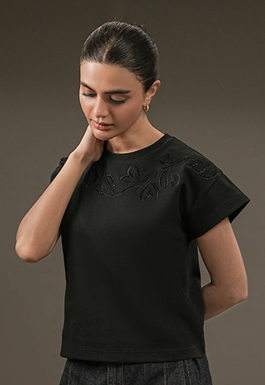Botanical Cutwork Top – Black