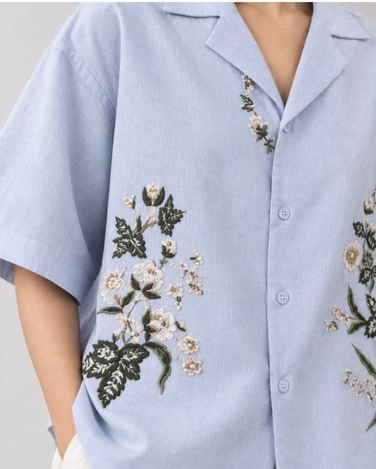 Hand Embroidered Resort Shirt – Ice blue