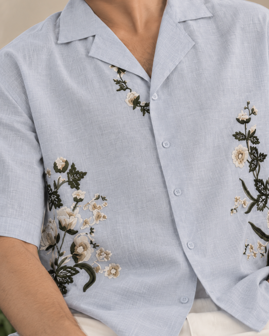 Hand Embroidered Resort Shirt – Ice Blue