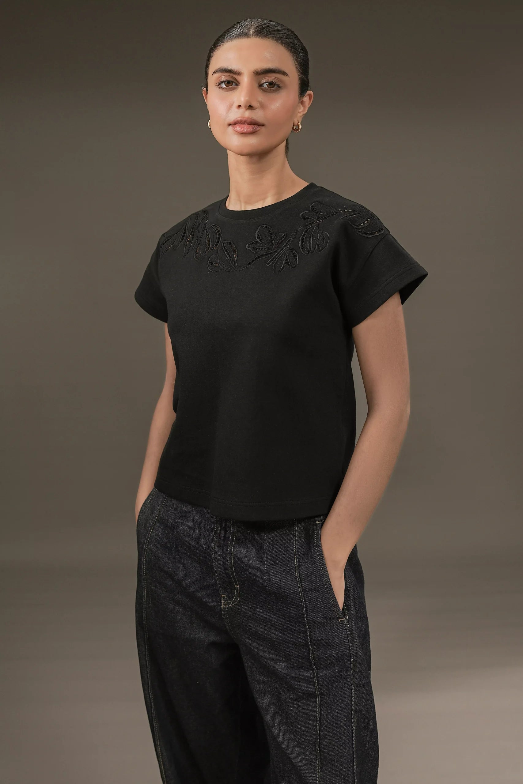 Botanical Cutwork Top Black
