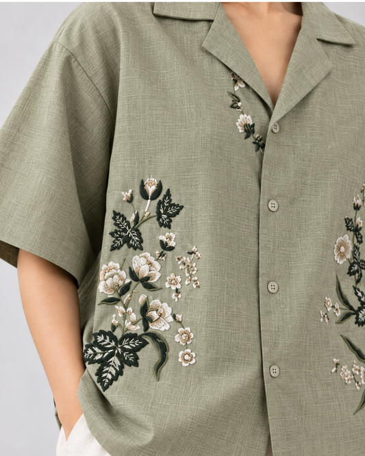 Hand Embroidered Resort Shirt – Sage green