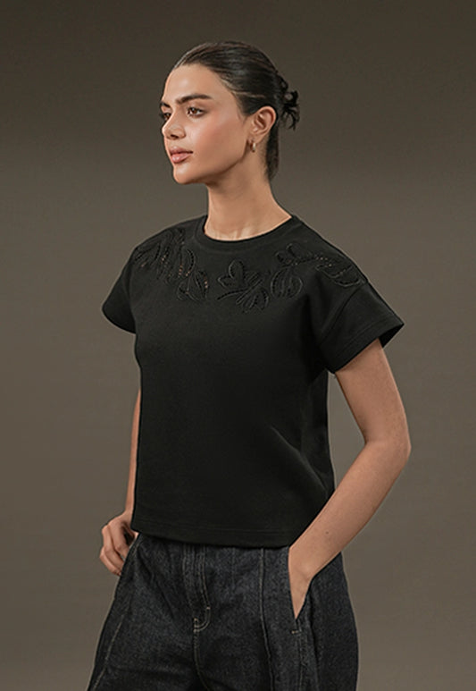 Botanical Cutwork Top – Black
