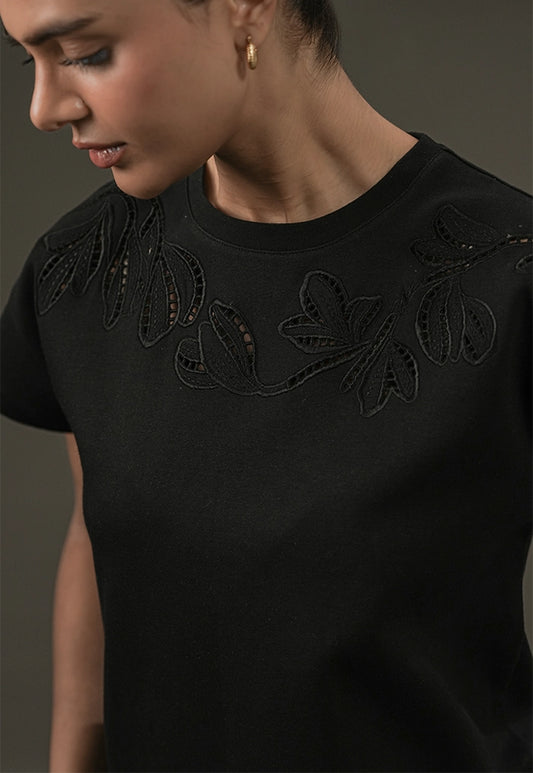 Botanical Cutwork Top – Black