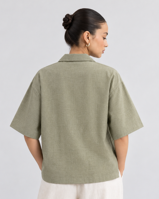 Hand Embroidered Resort Shirt – Sage green